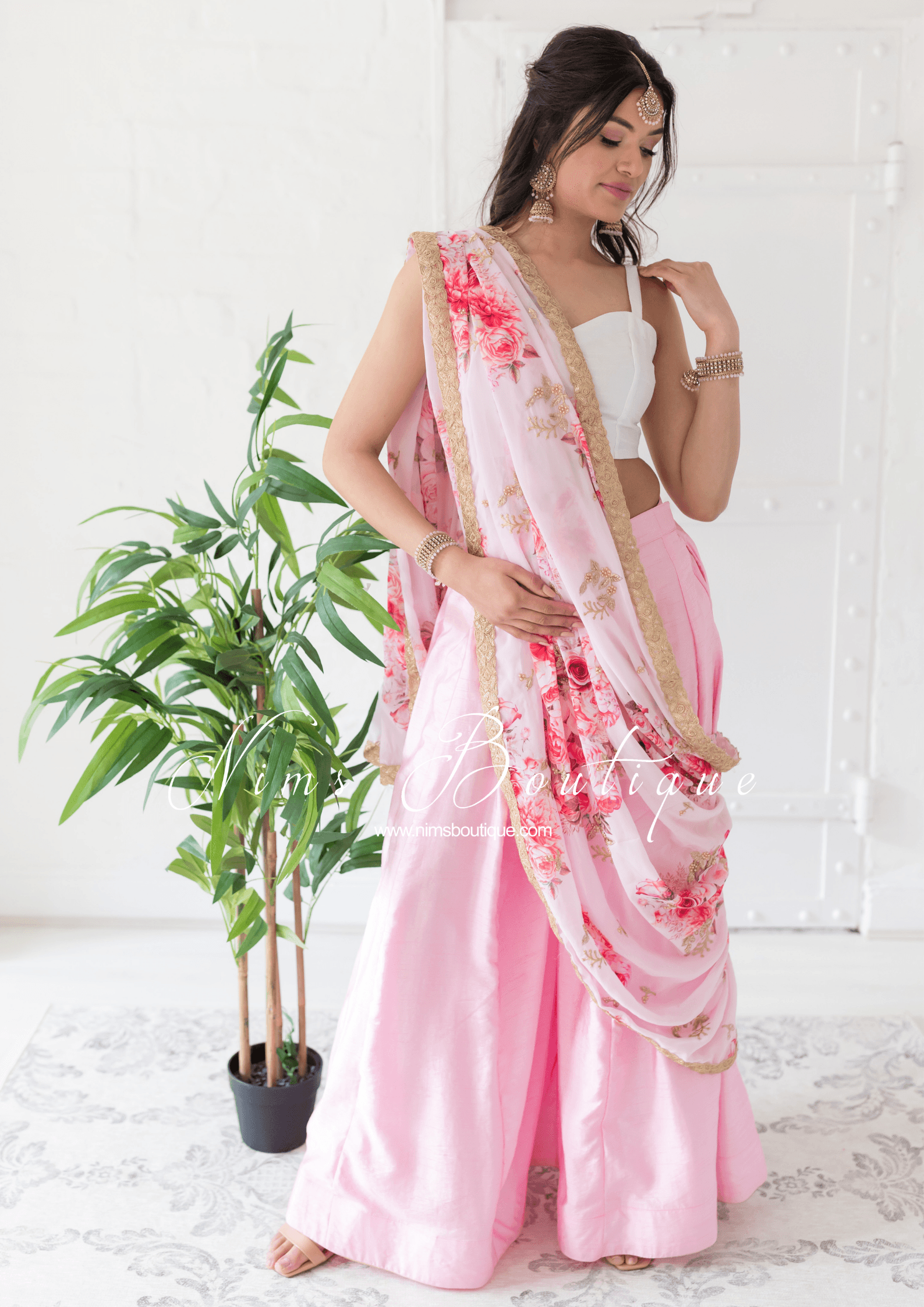 Nims Boutique La Floraison Pink Floral Georgette Dupatta/Chunni LFG4