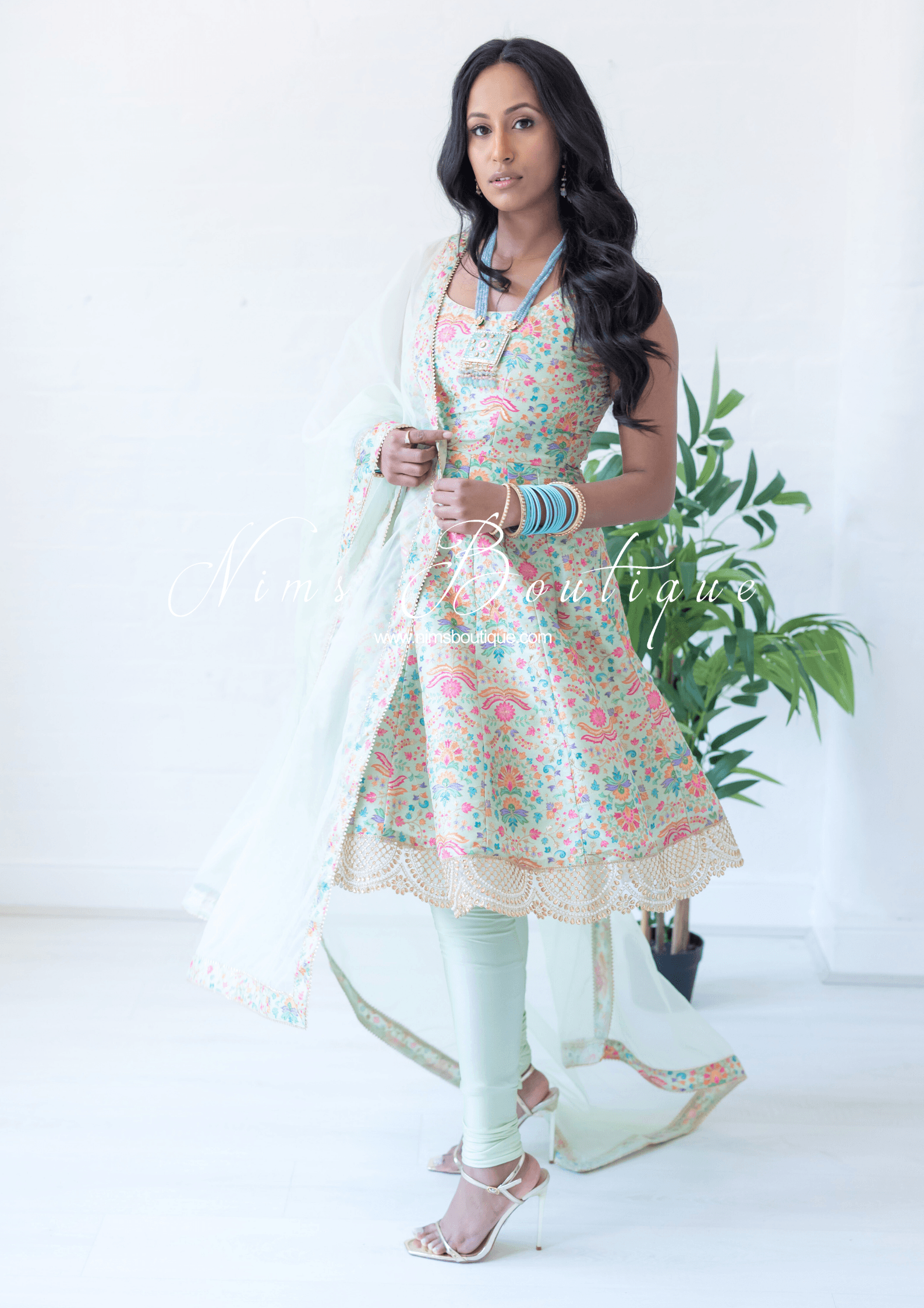 Nims Boutique Mia Mint Green & Multicolour Frock Pajami Suit sizes 4-22