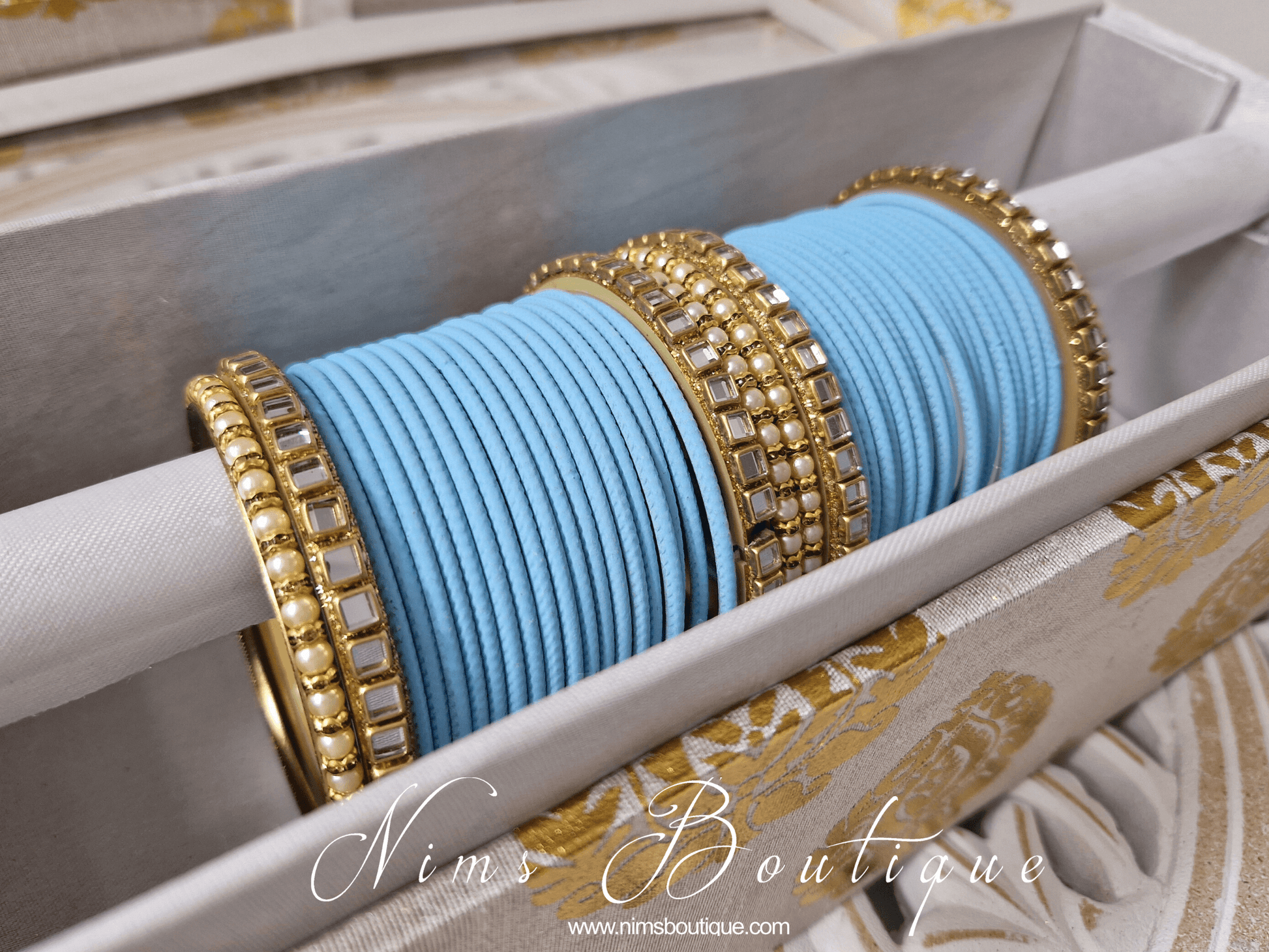 Nims Boutique Light Blue & Kundan Set of Bangles LBN