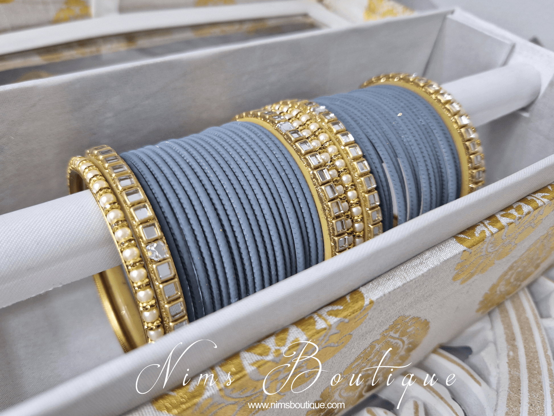 Nims Boutique Grey & Kundan Set of Bangles GN