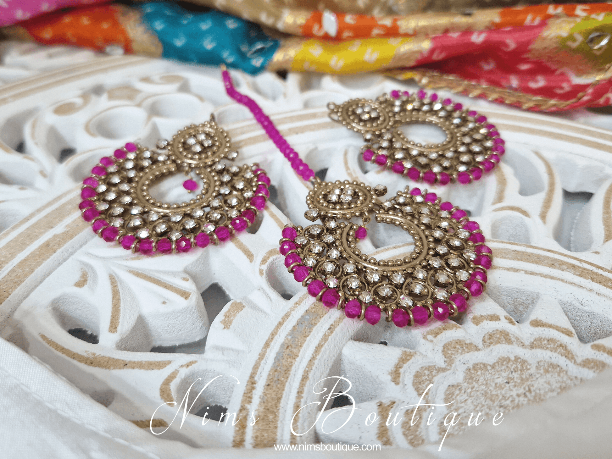 Nims Boutique Royal Antique Gold & Hot Pink Chand Tikka Set