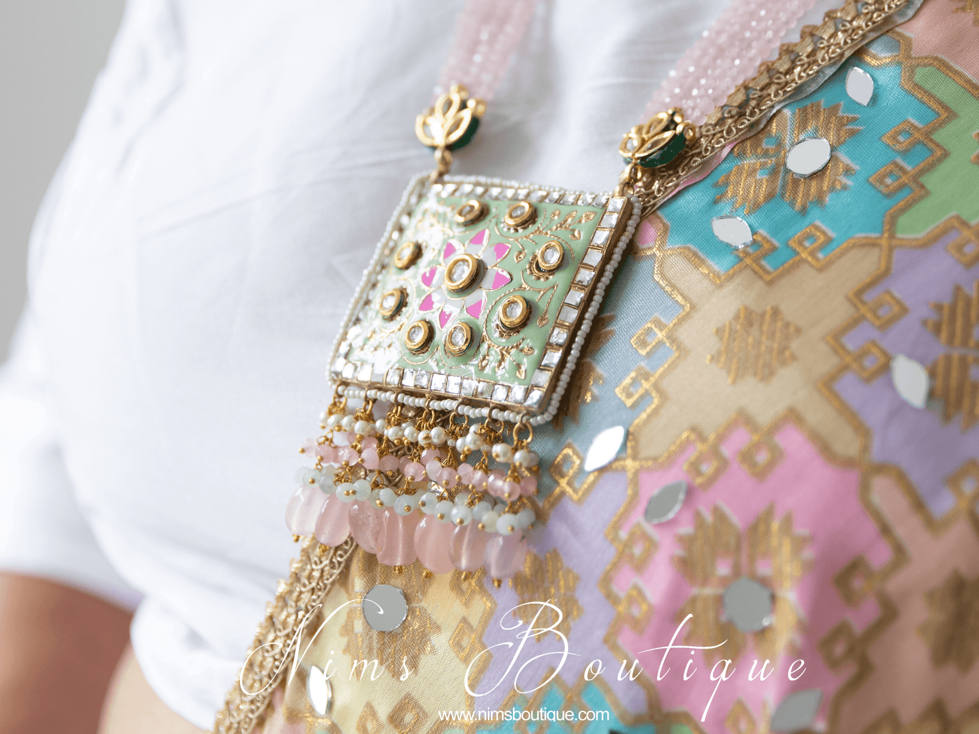 Nims Boutique Nishita Mint & Pink Meenakari Haar Set