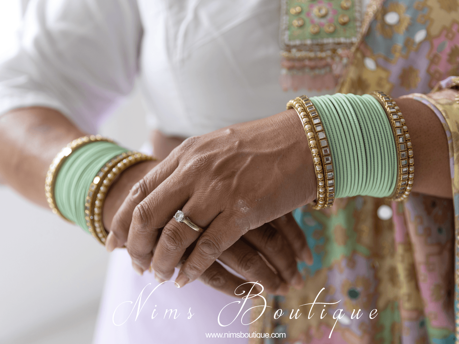 Nims Boutique Light Mint & Kundan Set of Bangles MBN
