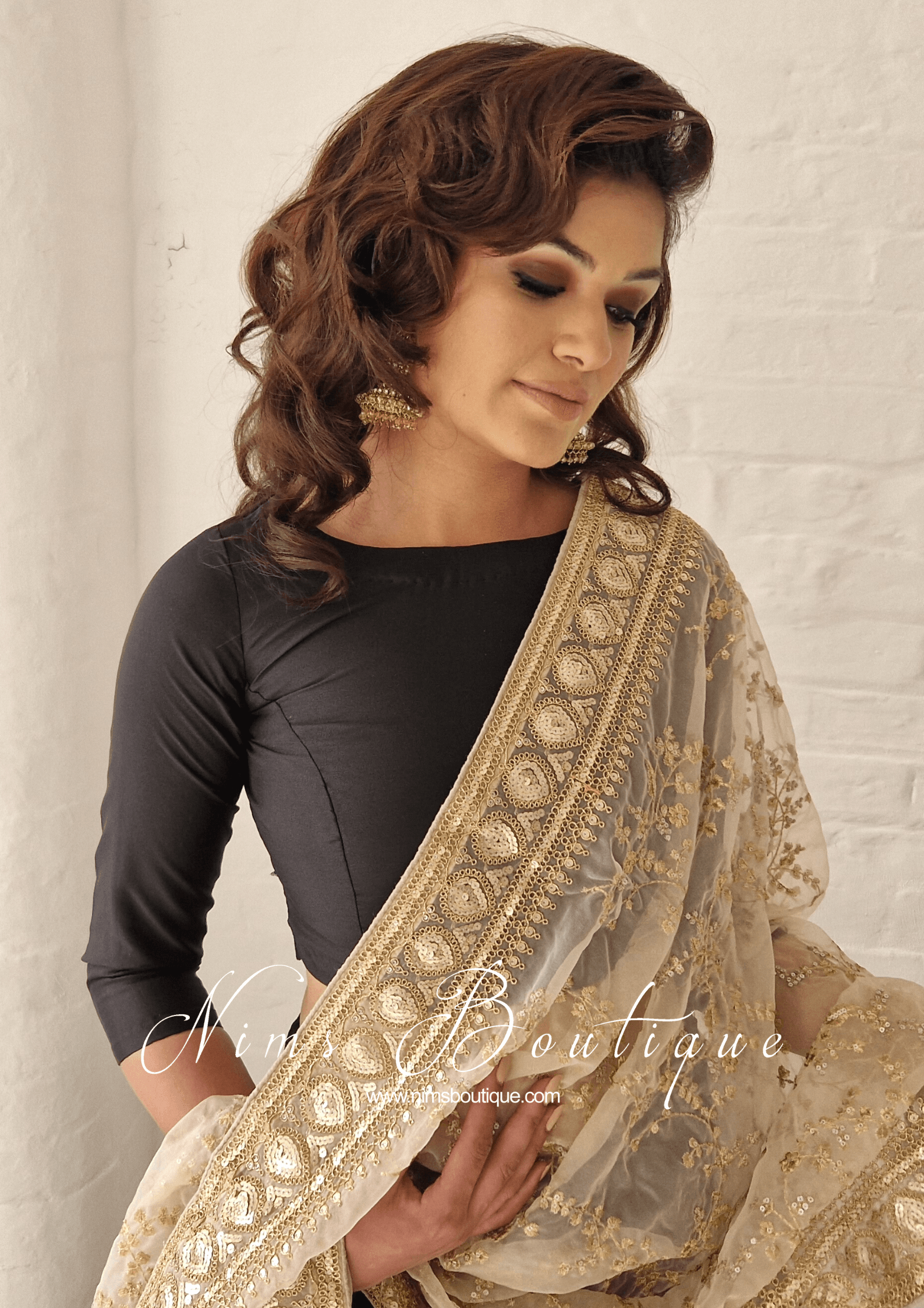Nims Boutique Mahi Luxury Light Gold Organza Embroidered Dupatta/Chunni
