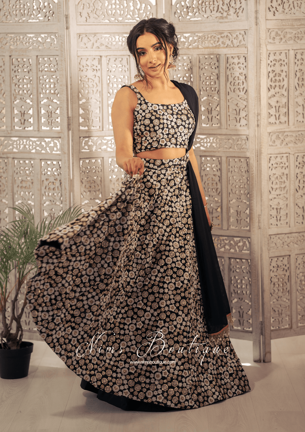 Nims Boutique Luxury Black & Ivory Sequin Bow Lehnga 6-14