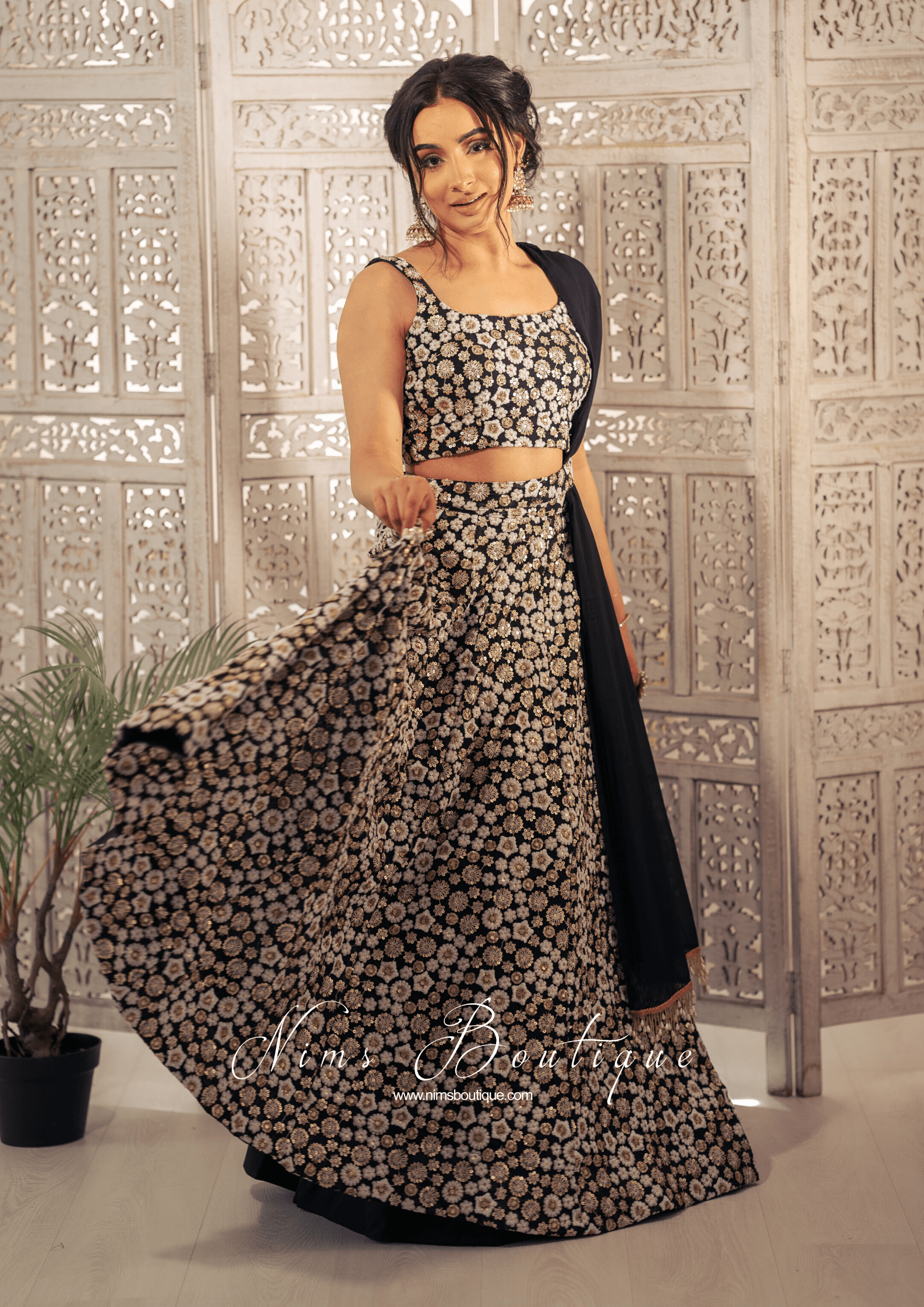 Nims Boutique Luxury Black & Ivory Sequin Bow Lehnga 6-14