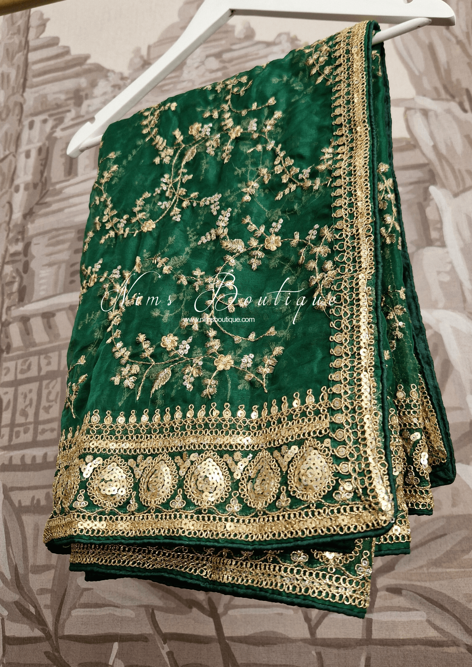 Nims Boutique Mahi Luxury Dark Green Organza Embroidered Dupatta/Chunni