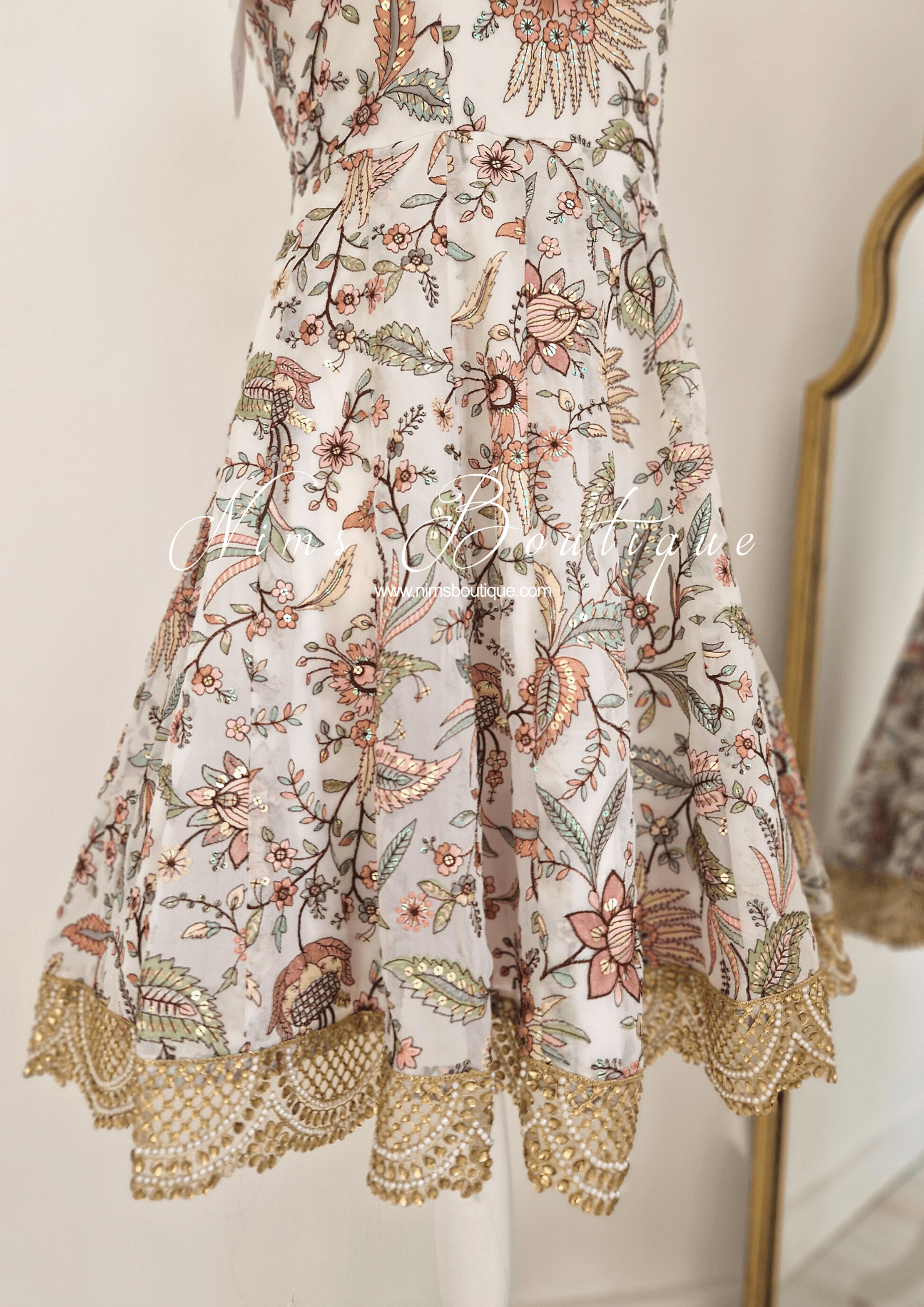Nims Boutique Sarika White Luxury Long Sleeved Anarkali Suit with Pajami sizes 4-14