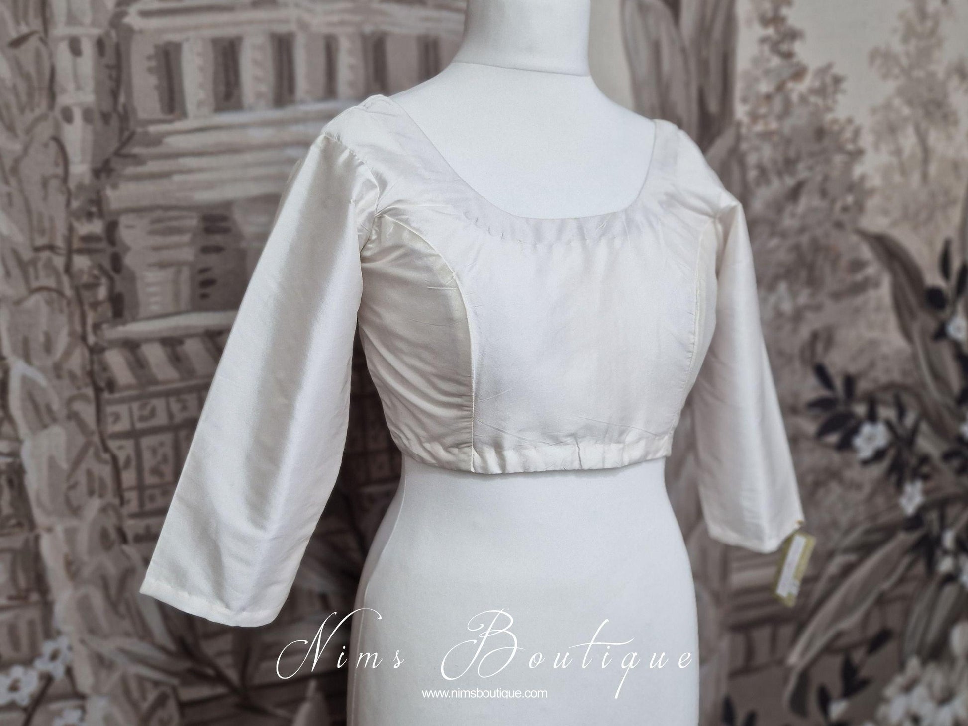 Nims Boutique White Pure Silk Scoop Neck Blouse with sleeves 4-26