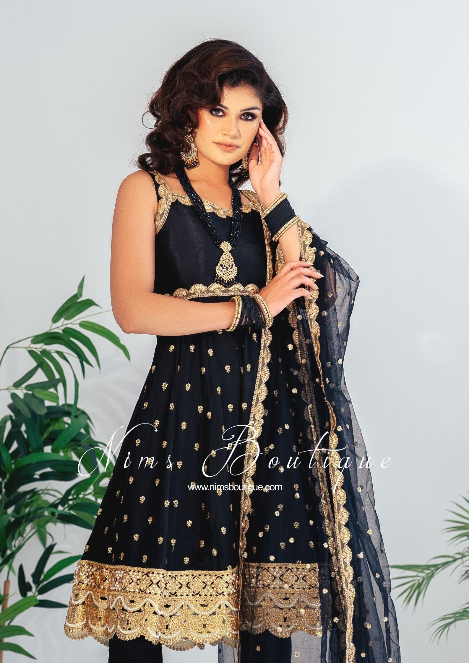 Nims Boutique The NB Luxury Black Silk Anarkali with Pajami size 4-16