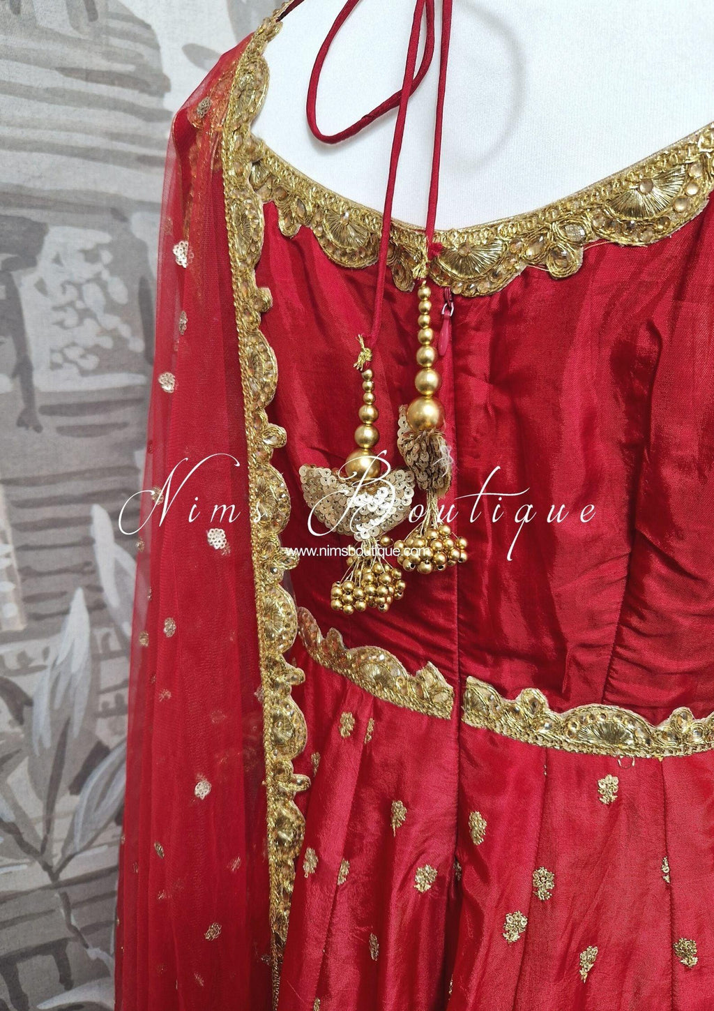 Nims Boutique The NB Luxury Red Silk Anarkali Pajami Suit with sleeves size 12-24