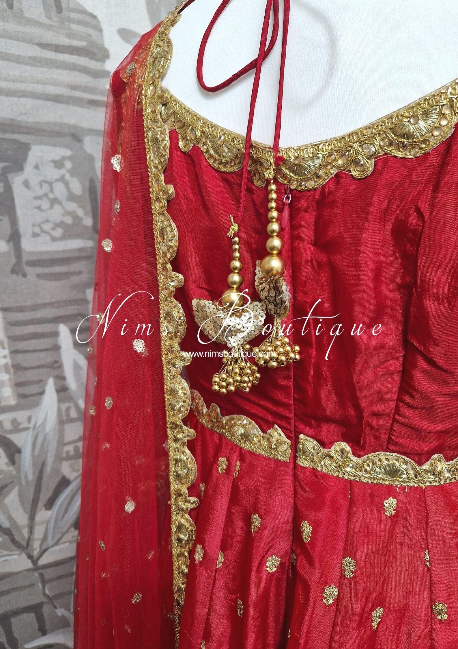 Nims Boutique The NB Luxury Red Silk Anarkali Pajami Suit with sleeves size 12-24