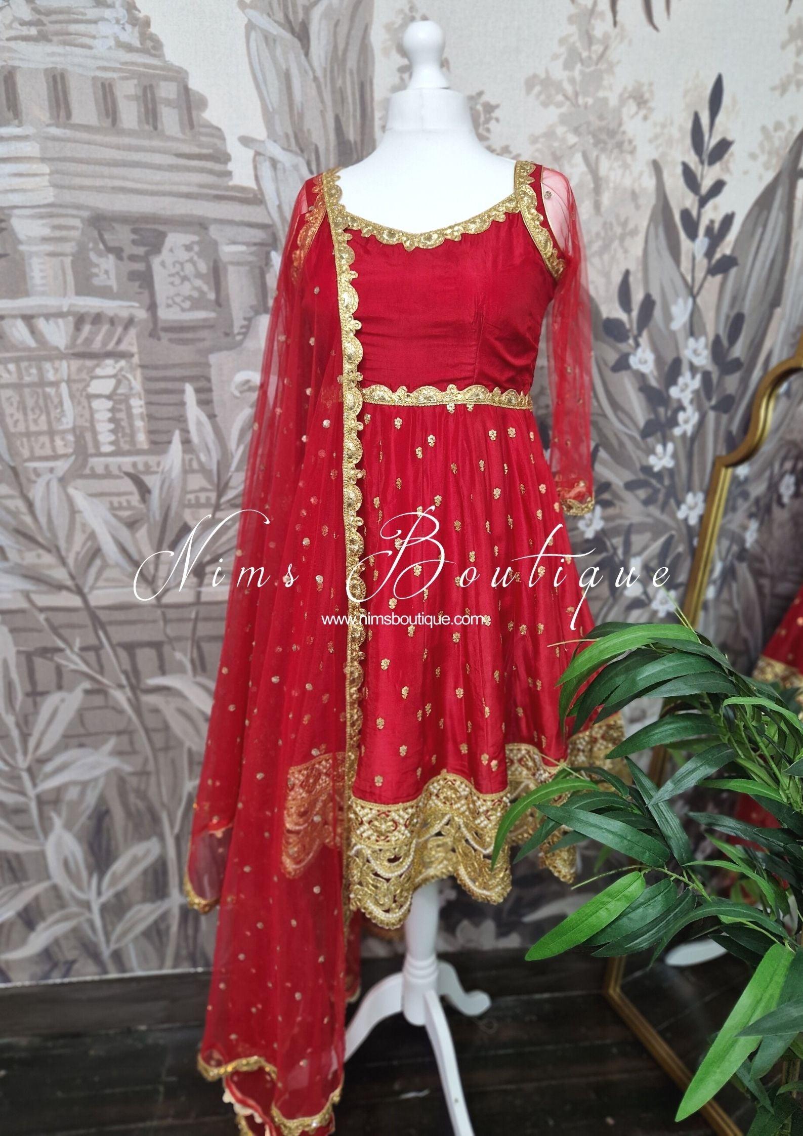 Nims Boutique The NB Luxury Red Silk Anarkali Pajami Suit with sleeves size 12-24