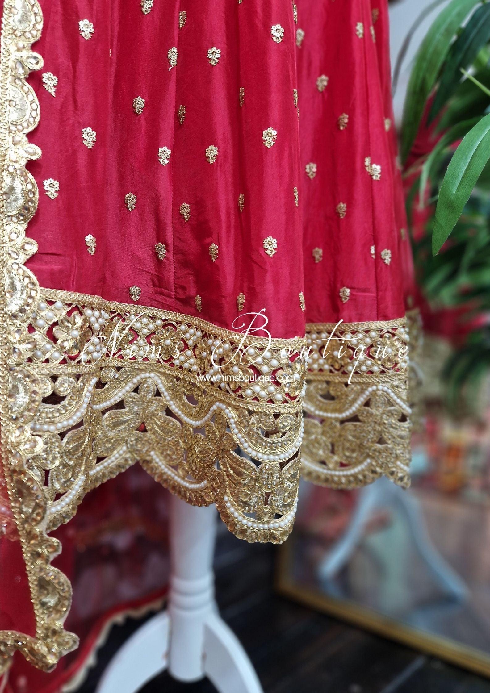 Nims Boutique The NB Luxury Red Silk Anarkali with Pajami size 4-12