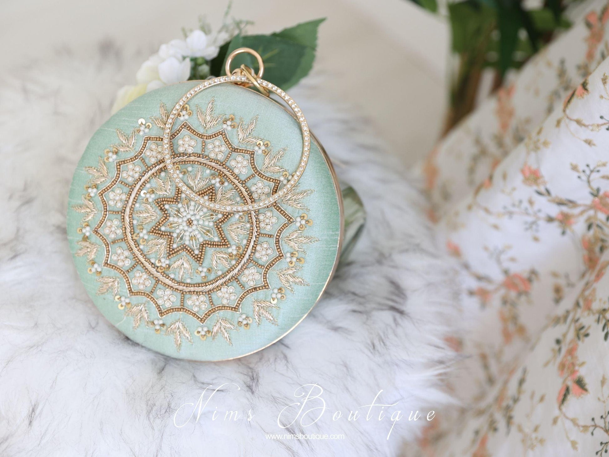 Nims Boutique Large Round Mint Green & Pearl Clutch Bag