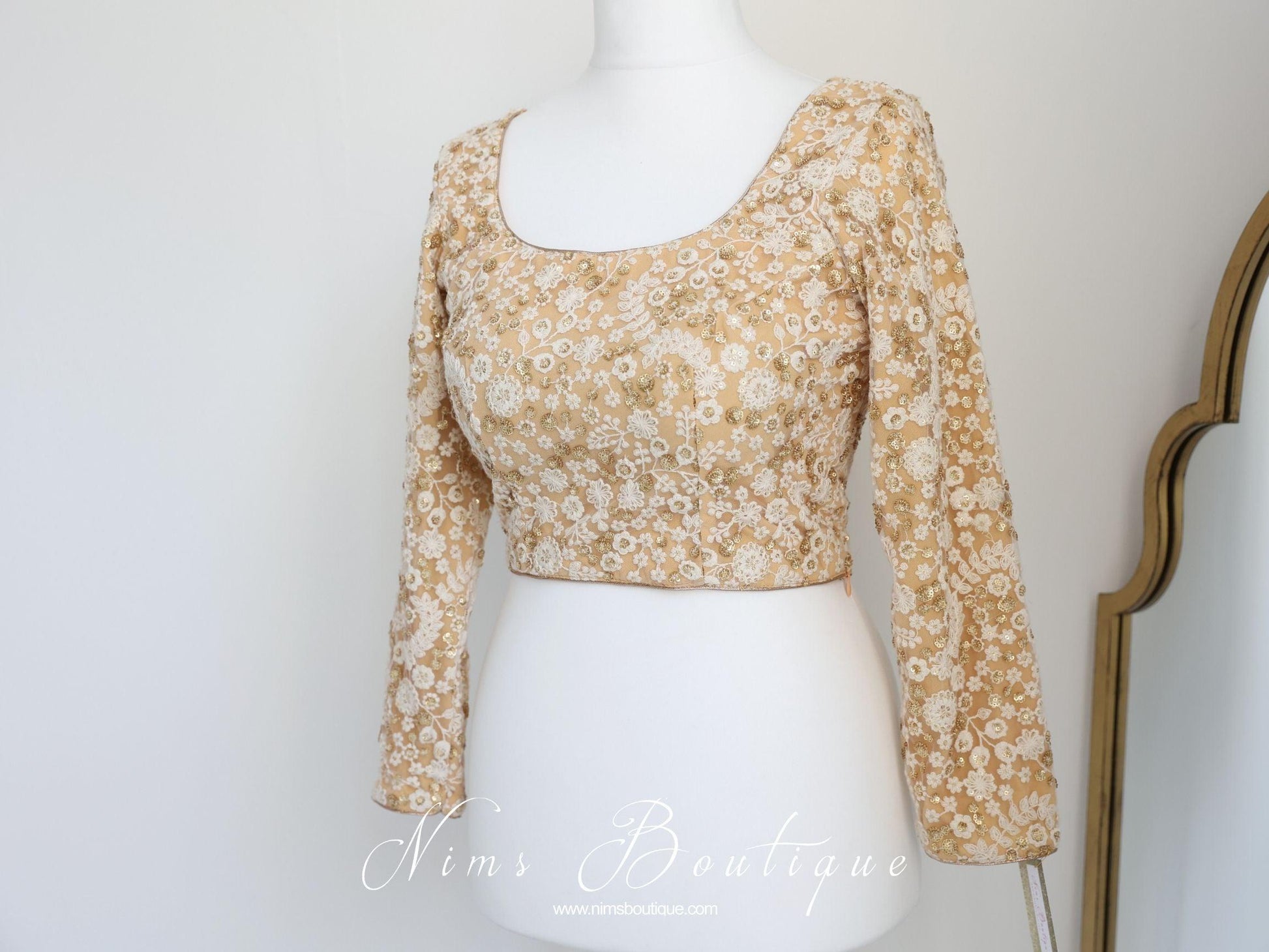 Nims Boutique Luxury Ivory & Gold Thread Embroidered Long sleeved Blouse size 10-24
