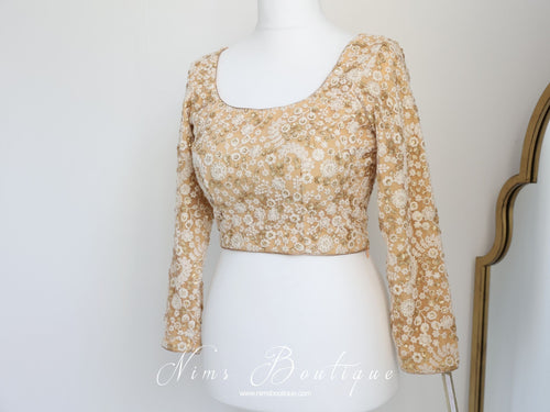 Luxury Ivory & Gold Thread Embroidered Long sleeved Blouse (size 10-24)