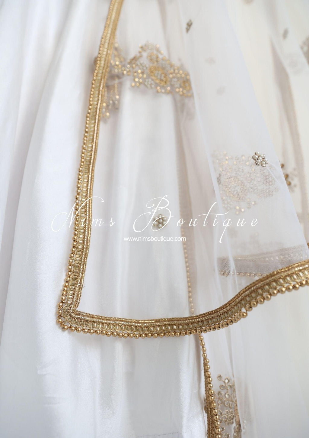 Nims Boutique White Net Pearl Embellished Dupatta/Chunni with Gold Bead Edging GB2
