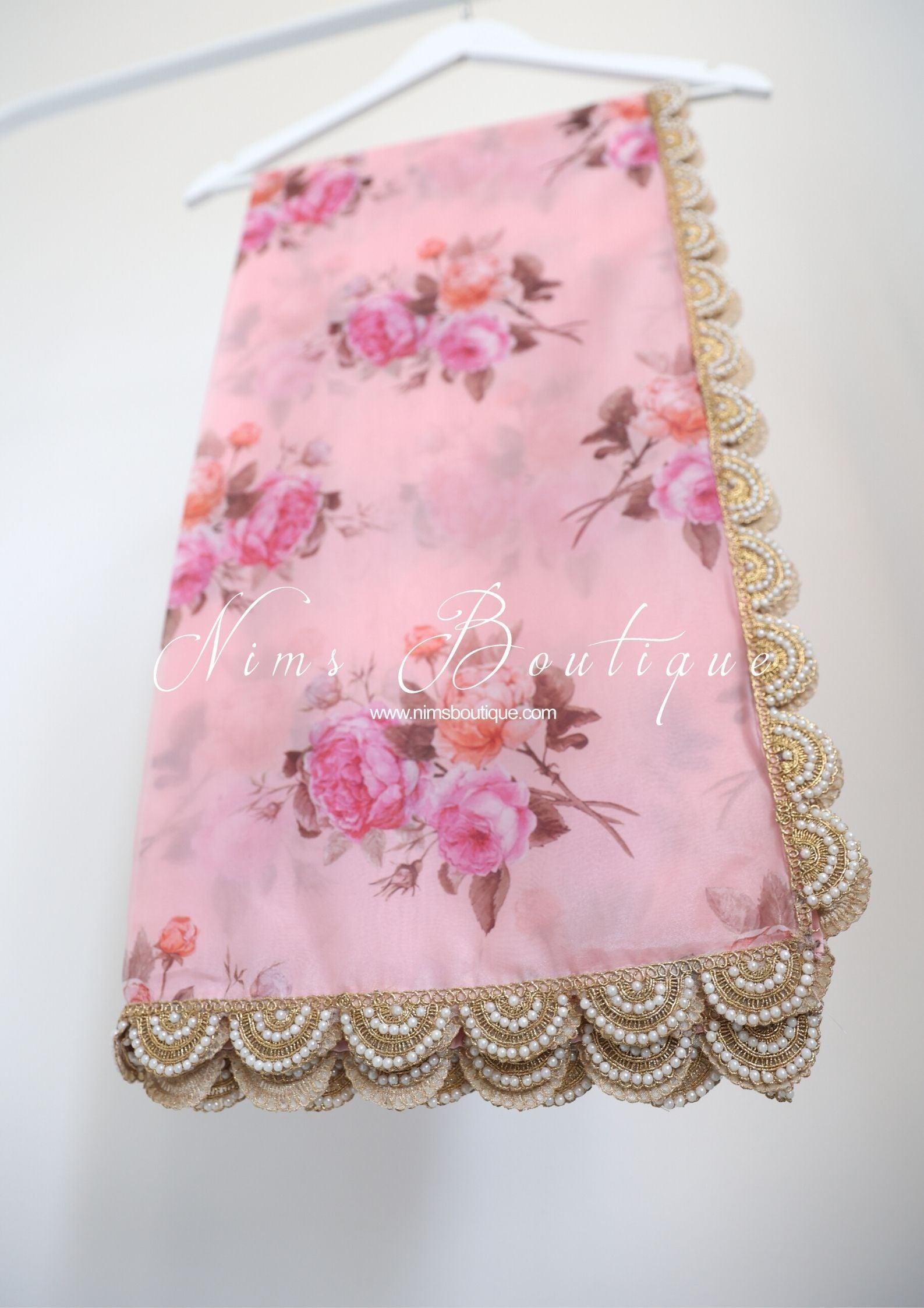 Nims Boutique Luxury Peach Organza Floral Dupatta/Chunni with Pearl Edging