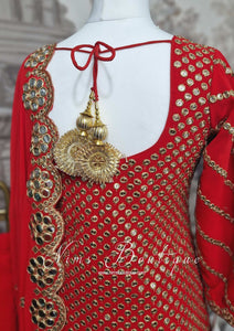 Luxury Red & Gold Embroidered Gharara Suit (Size 12-14)