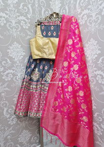Grey, Gold & Hot Pink Brocade Semi stitched skirt/lehnga