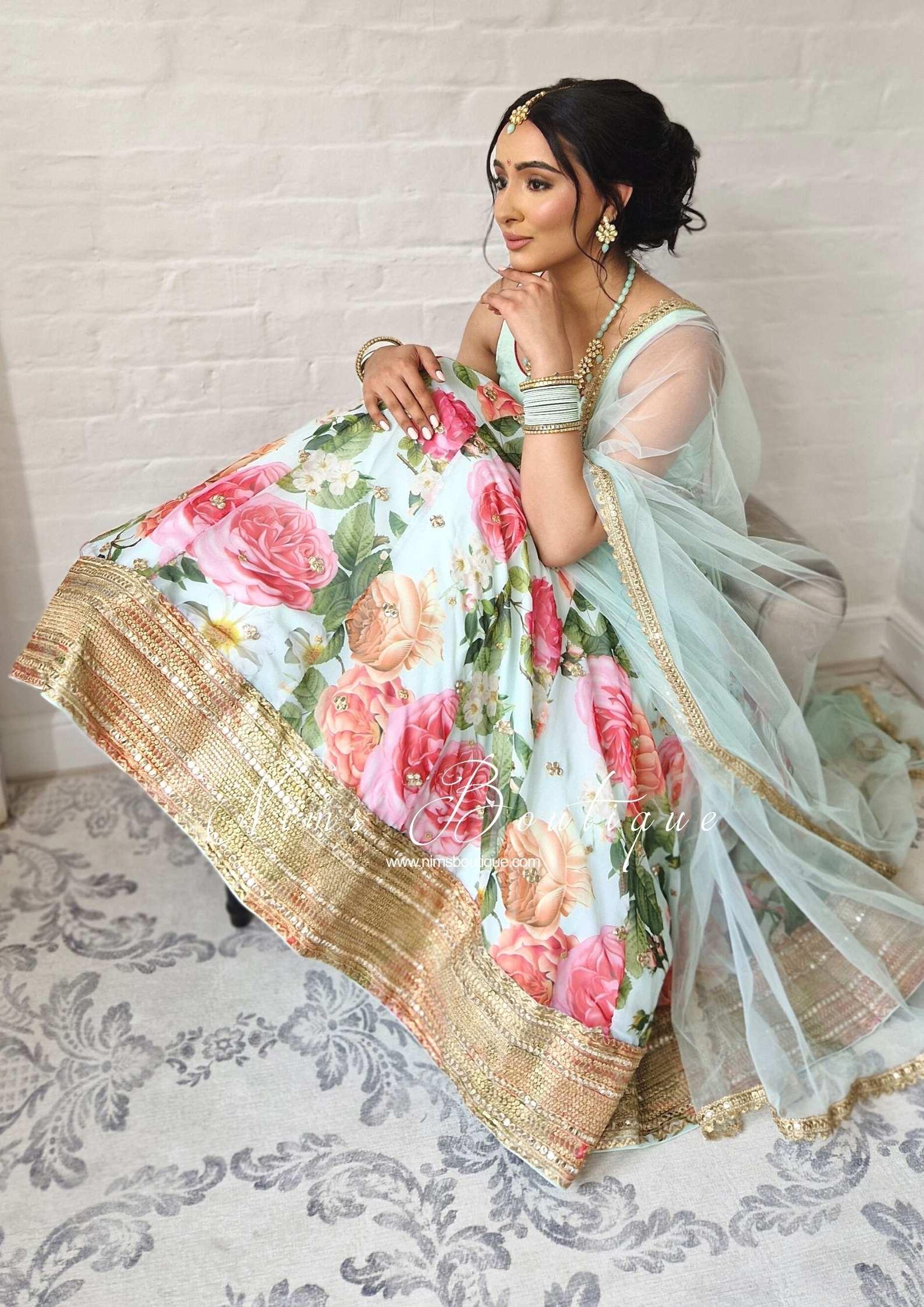 Nims Boutique Tara Luxury Silk Mint & Floral Lehnga