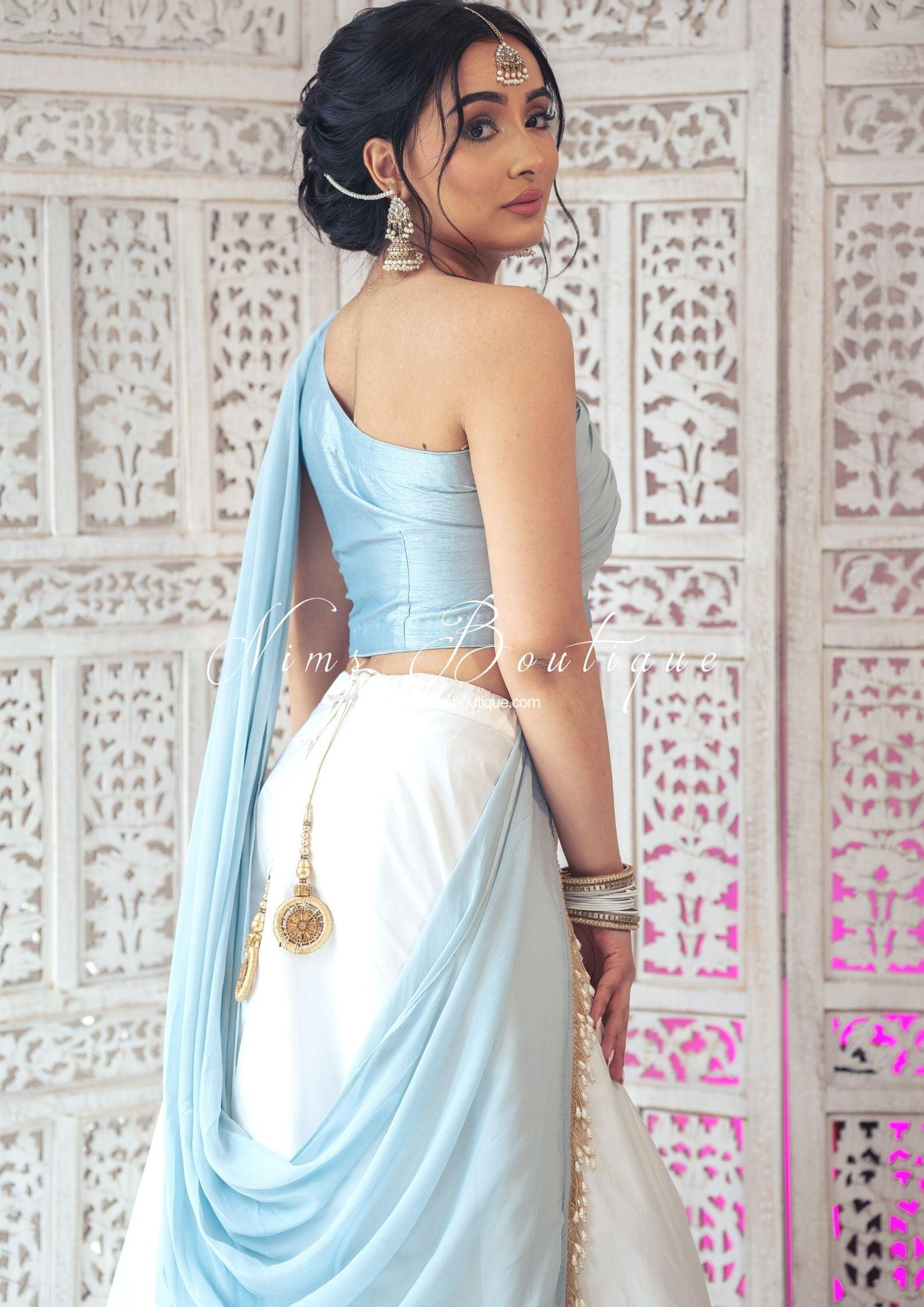 Nims Boutique Arya Powder Blue Luxury One Shoulder & Dupatta blouse 4-10