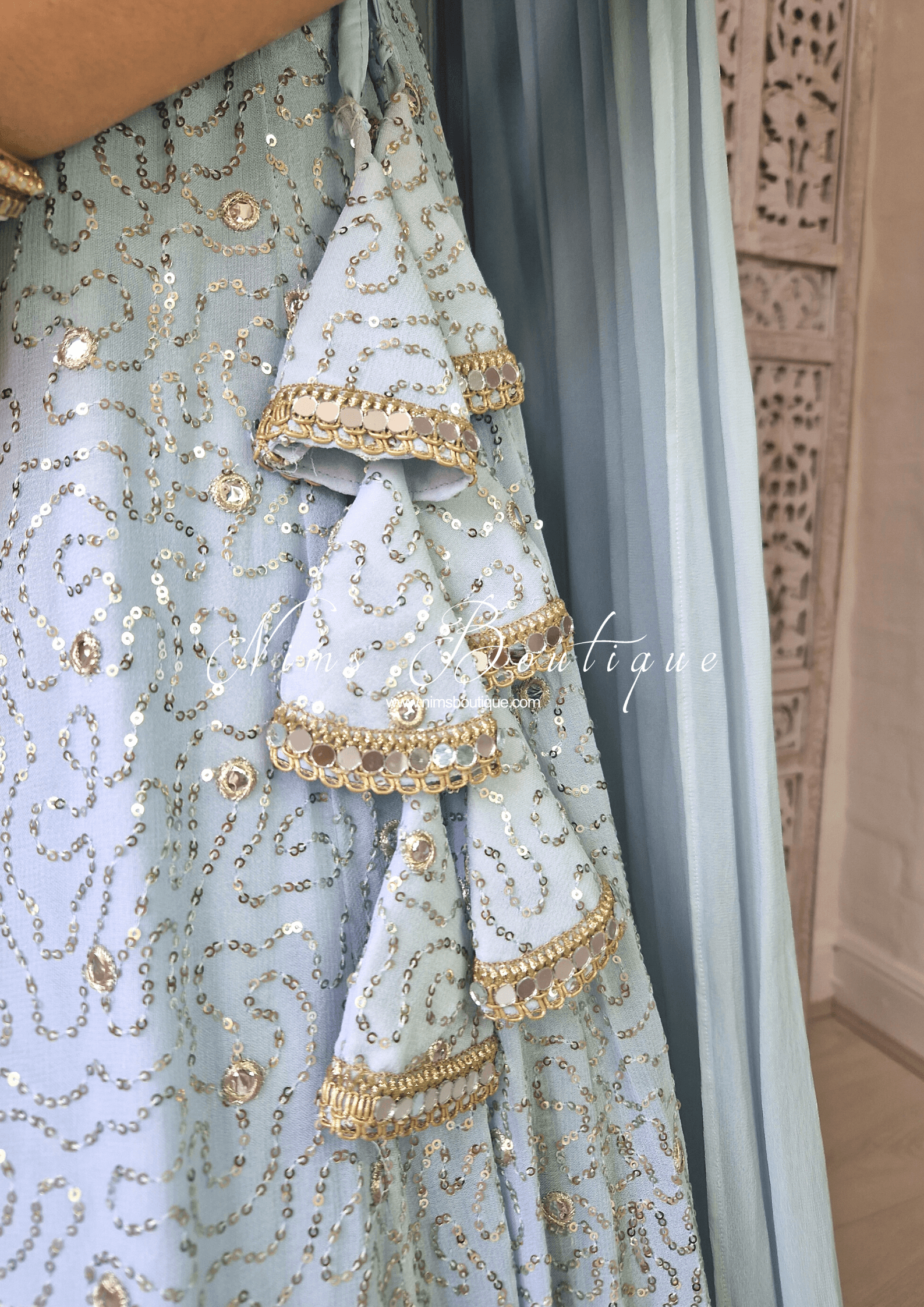 Nims Boutique Arya Powder Blue & Gold Sequin Luxury Skirt sizes 4-14