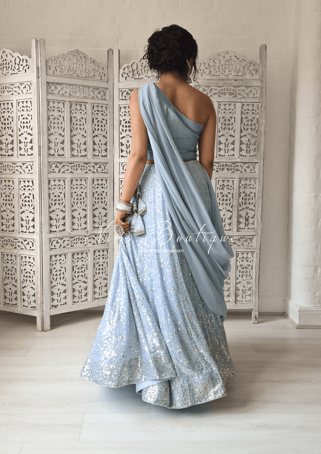 Nims Boutique Arya Powder Blue Luxury One Shoulder & Dupatta blouse 4-10