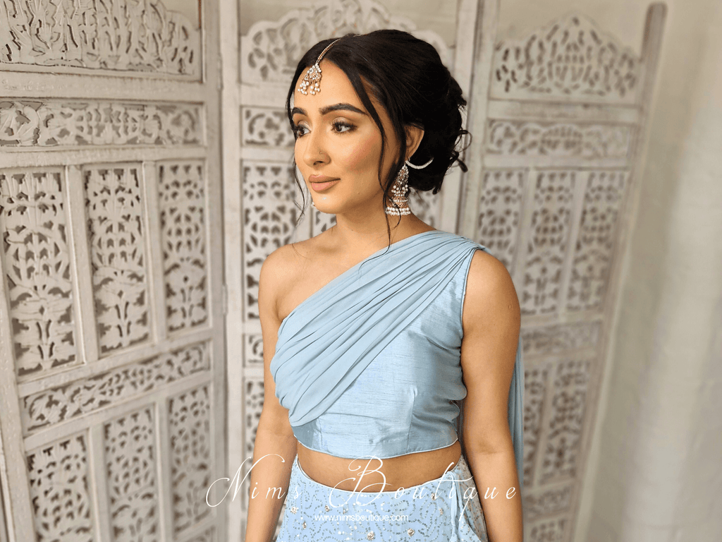 Nims Boutique Arya Powder Blue Luxury One Shoulder & Dupatta blouse 4-10