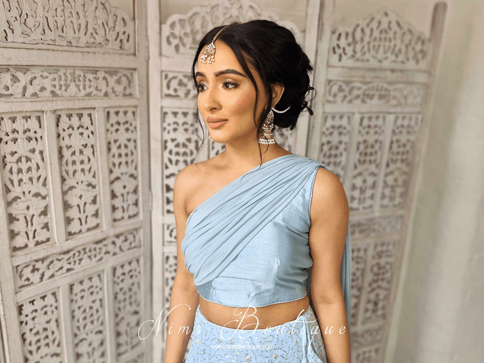 Nims Boutique Arya Powder Blue Luxury One Shoulder & Dupatta blouse 4-10