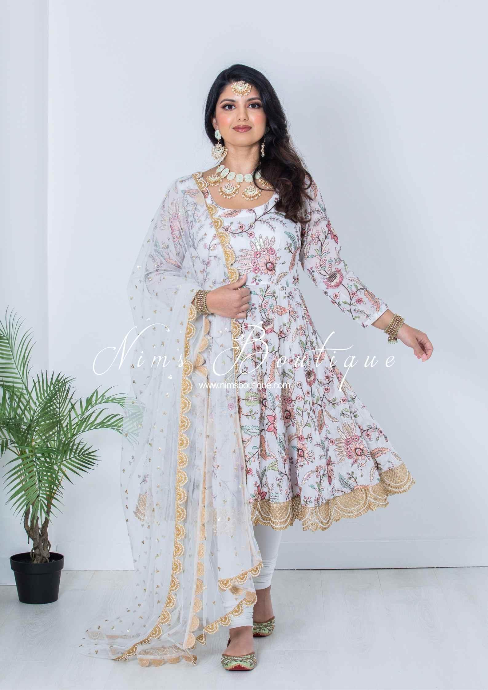 Nims Boutique Sarika White Luxury Long Sleeved Anarkali Suit with Pajami sizes 4-14