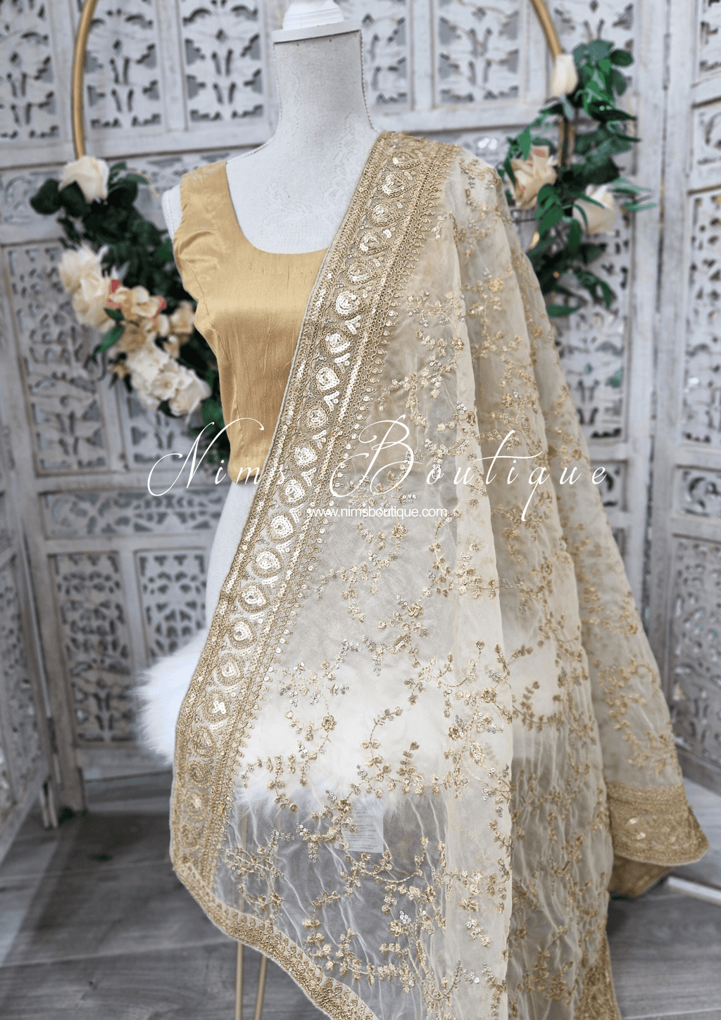 Nims Boutique Mahi Luxury Light Gold Organza Embroidered Dupatta/Chunni