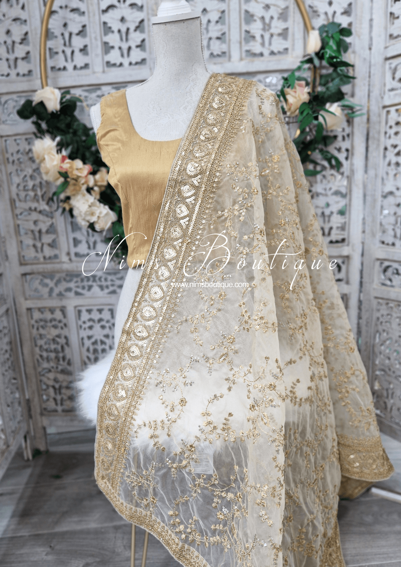 Nims Boutique Mahi Luxury Light Gold Organza Embroidered Dupatta/Chunni