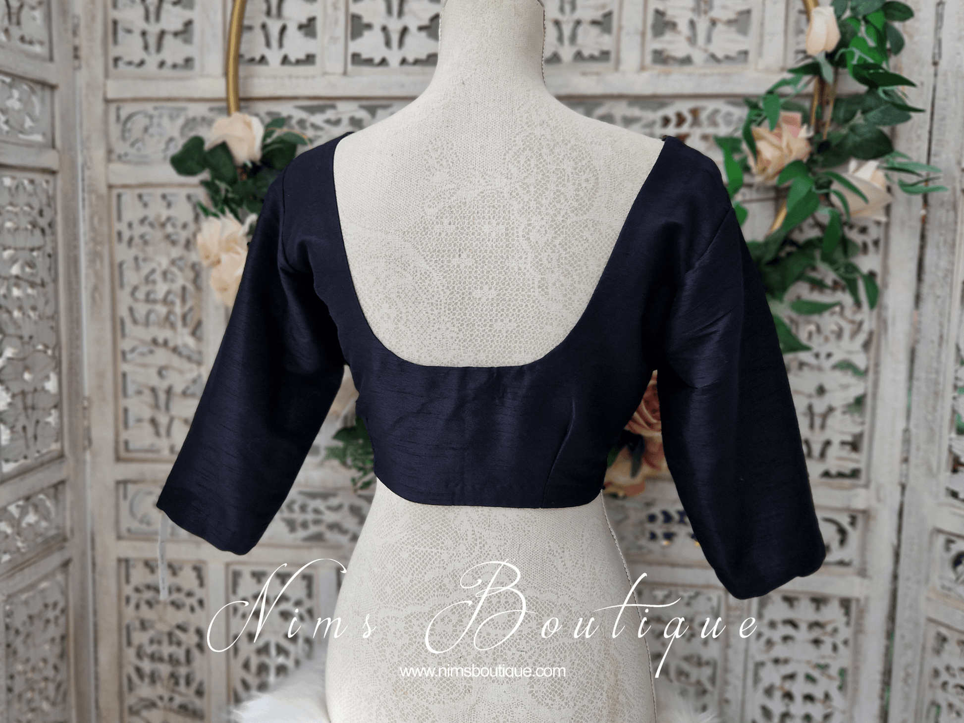 Nims Boutique Black Raw Silk Scoop Neck Blouse with sleeves 4-26