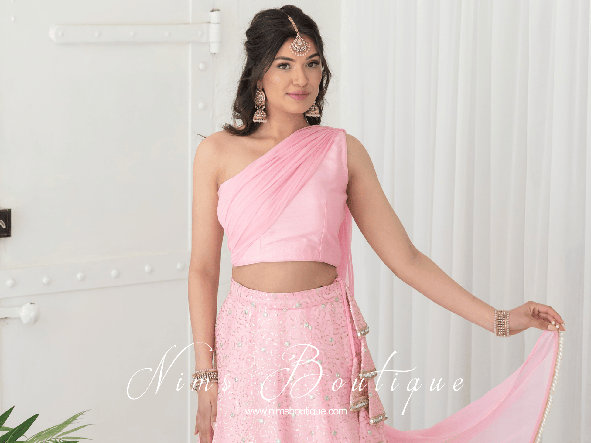 Nims Boutique Arya Baby Pink Luxury One Shoulder & Dupatta blouse 6-14