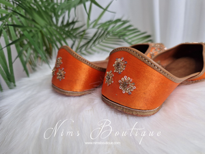 Orange Embellished Leather Punjabi Juttis