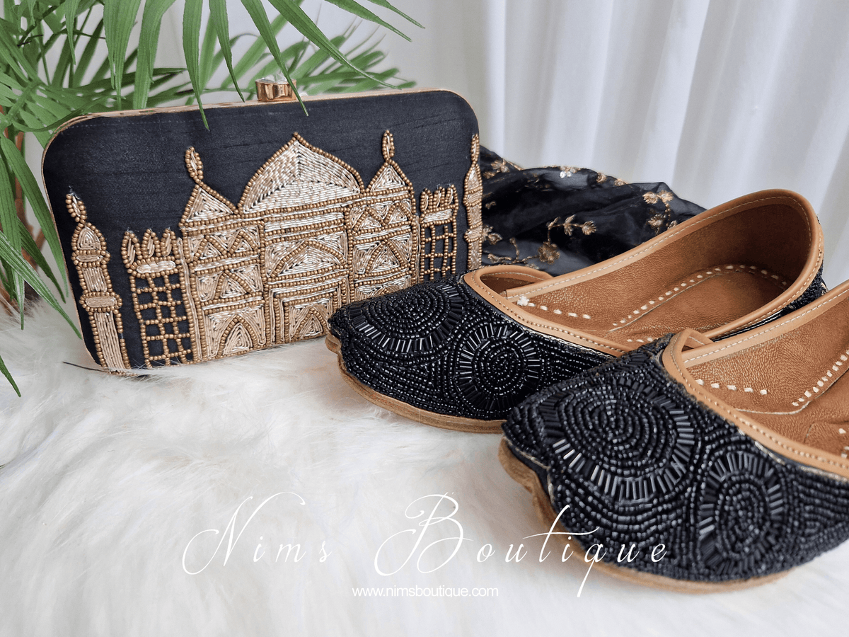 Nims Boutique Taj Black Raw Silk Clutch Bag