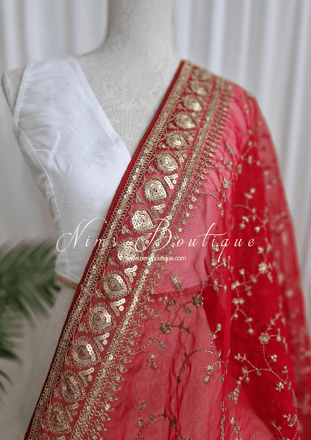 Nims Boutique Mahi Luxury Red Organza Embroidered Dupatta/Chunni
