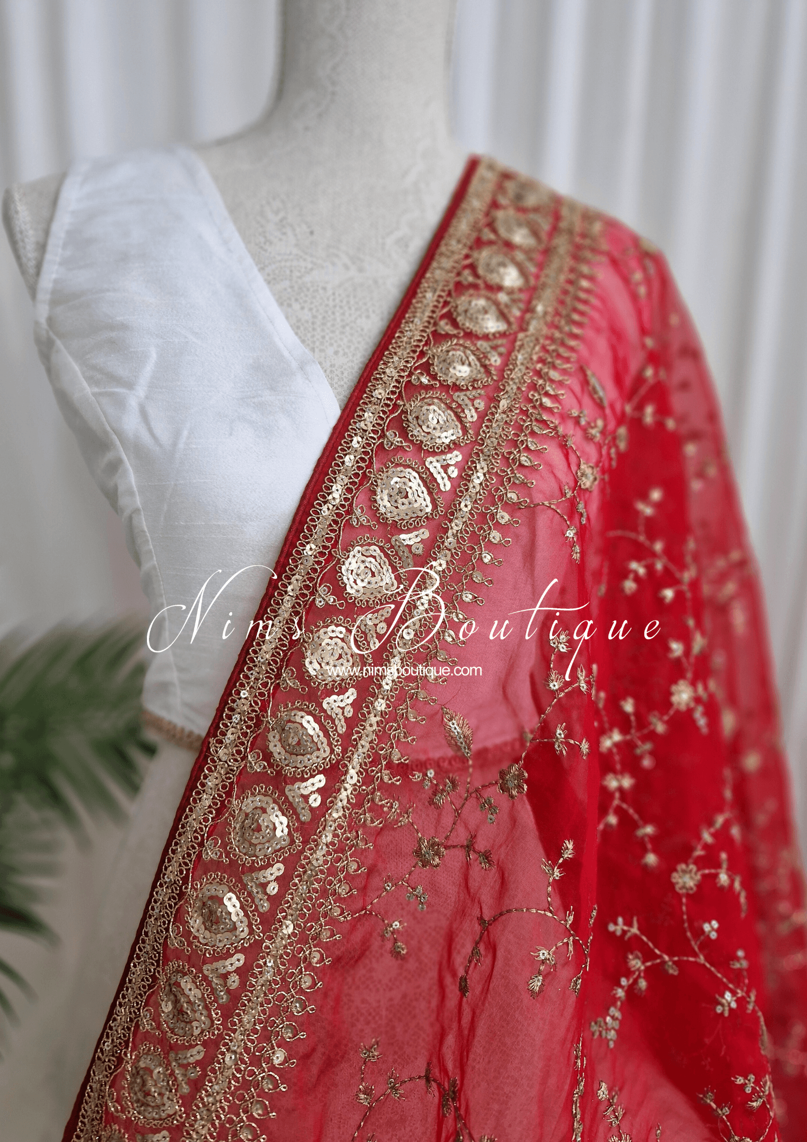 Nims Boutique Mahi Luxury Red Organza Embroidered Dupatta/Chunni