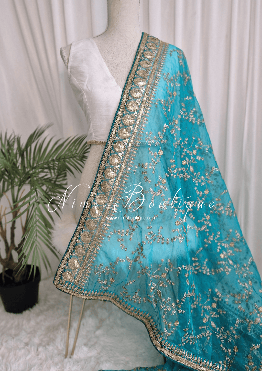 Nims Boutique Mahi Luxury Bright Teal Organza Embroidered Dupatta/Chunni