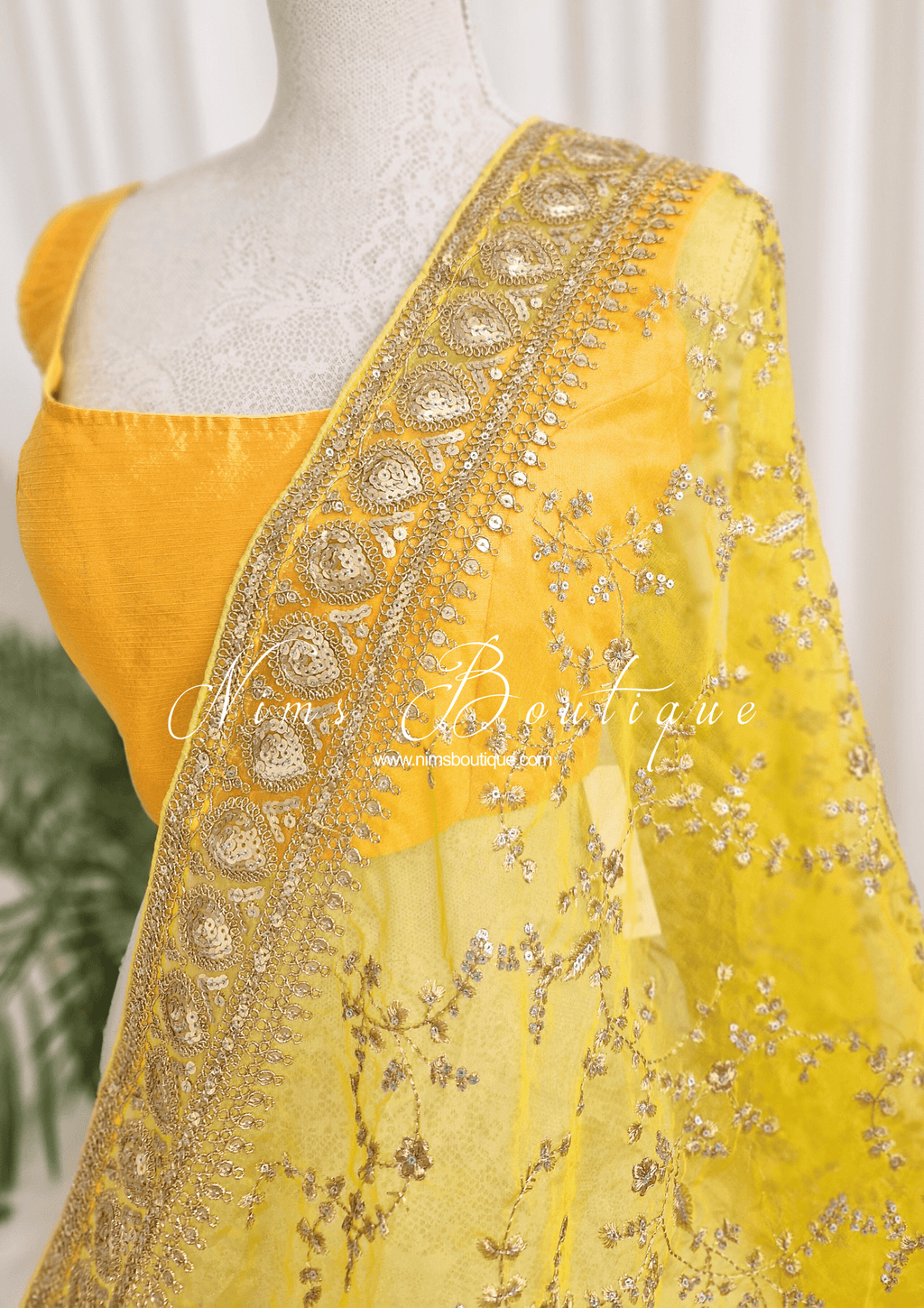 Nims Boutique Mahi Luxury Light Yellow Organza Embroidered Dupatta/Chunni