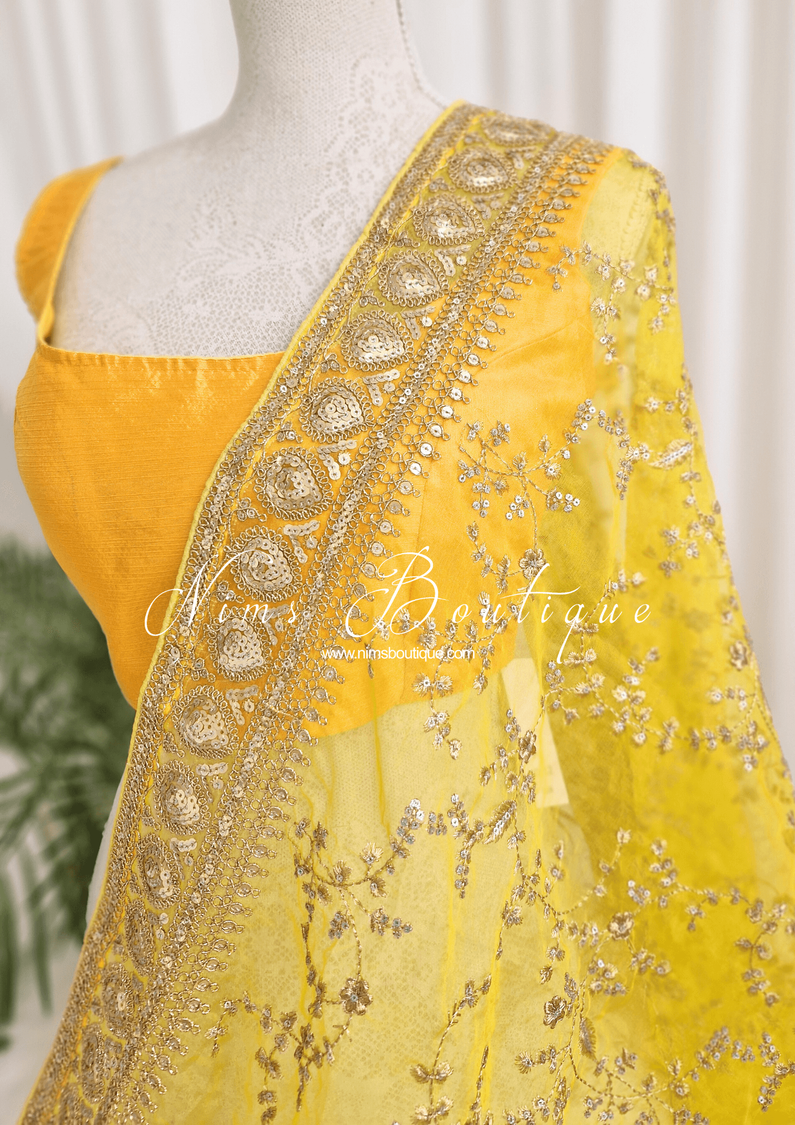 Nims Boutique Mahi Luxury Light Yellow Organza Embroidered Dupatta/Chunni