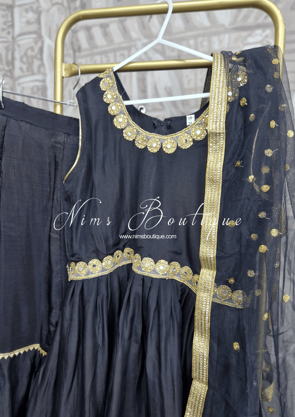 Nims Boutique Kids Black Silk Frock Sharara Suit