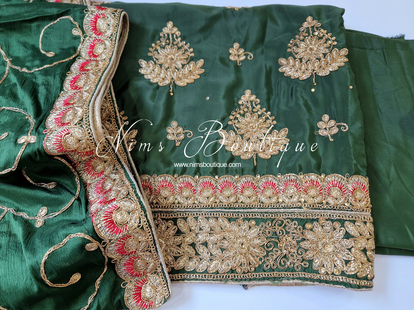 Luxury Unstitched Dark Green & Coral Embroidered Silk Suit