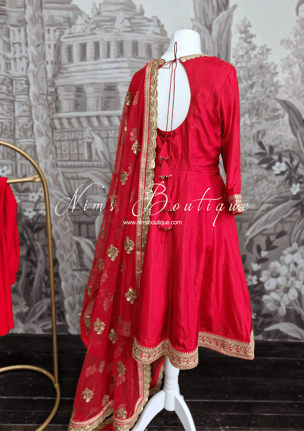 Nims Boutique Rashmi Luxury Red Silk Anarkali Suit with Pajami Sizes 4-16