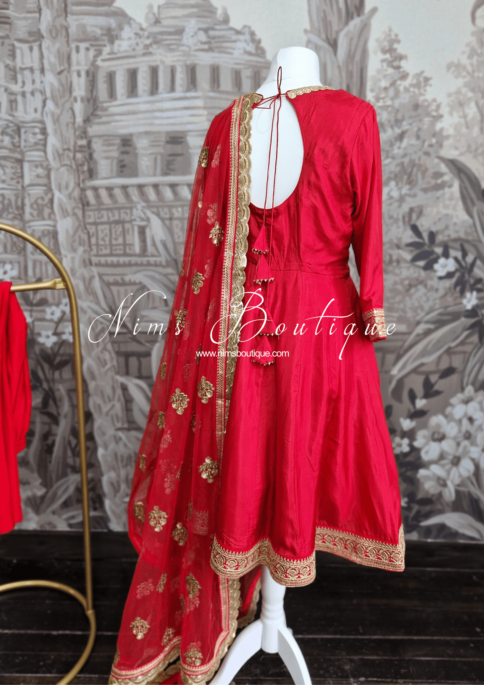 Nims Boutique Rashmi Luxury Red Silk Anarkali Suit with Pajami Sizes 4-16
