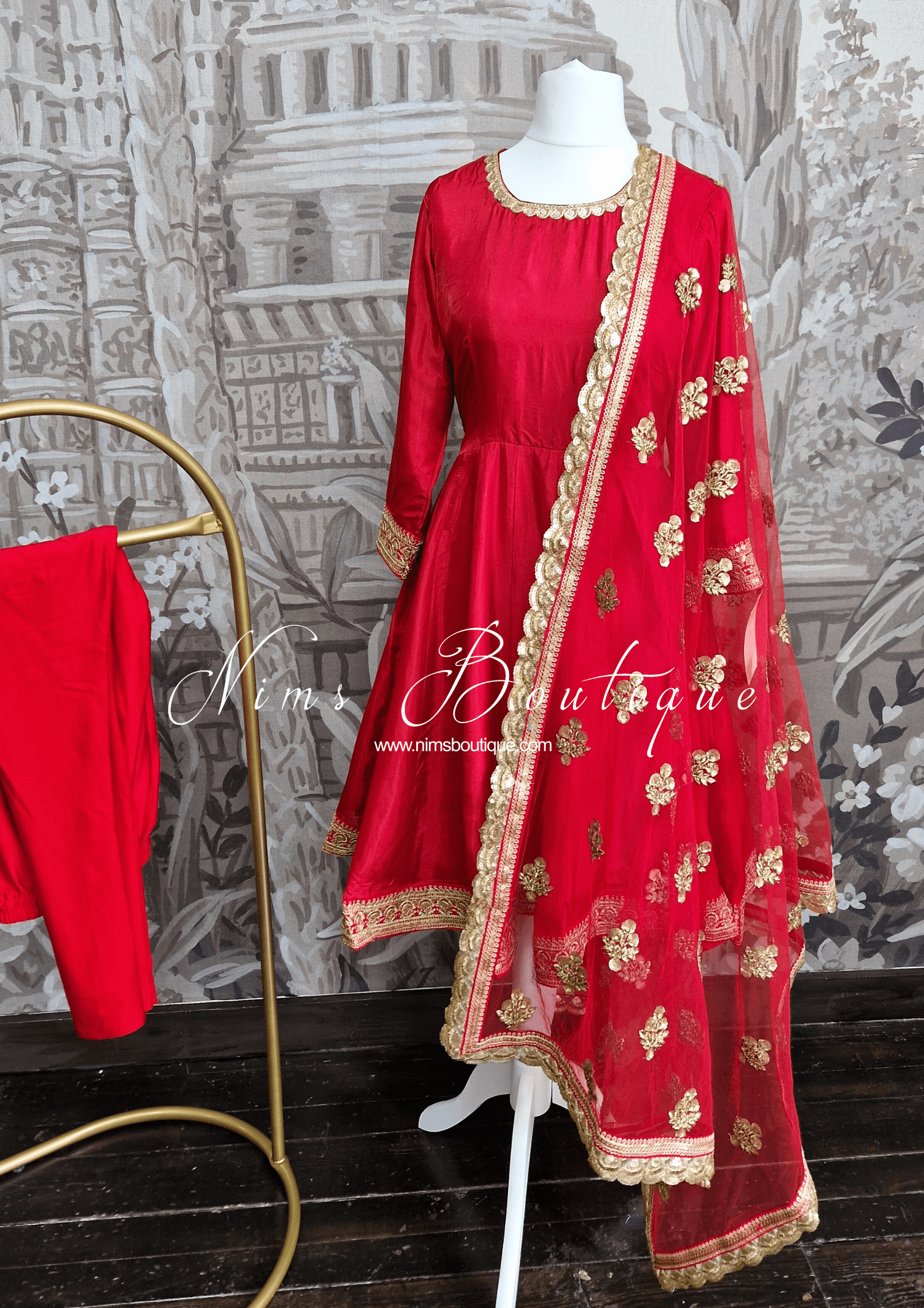 Nims Boutique Rashmi Luxury Red Silk Anarkali Suit with Pajami Sizes 4-16