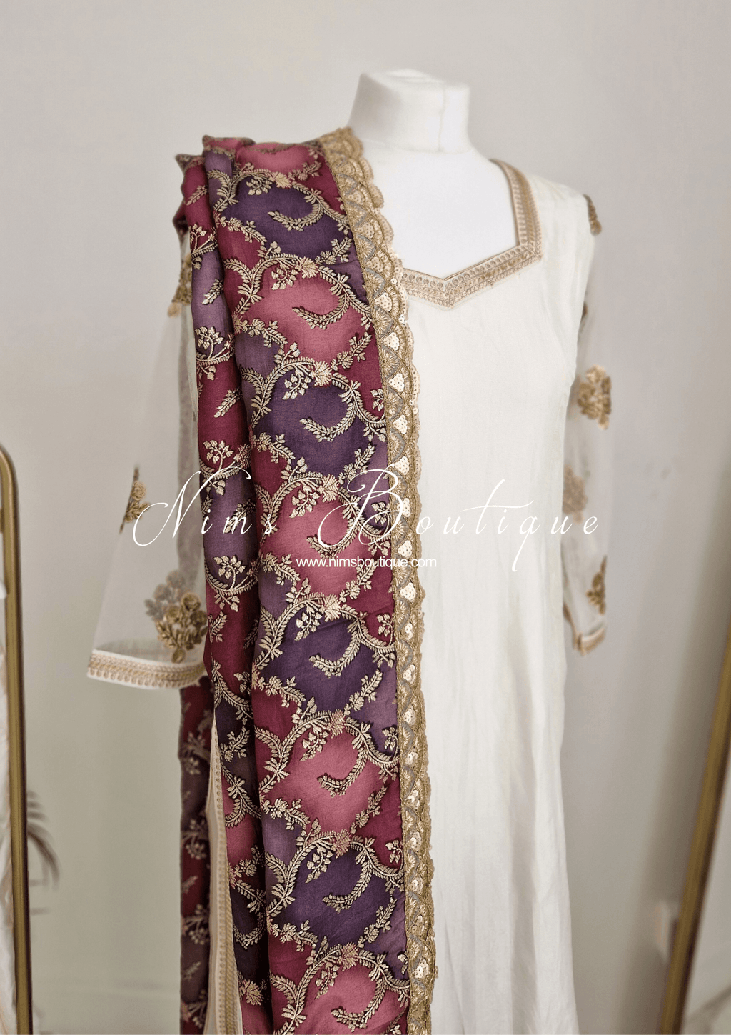 Nims Boutique The NB Classic Long Sleeved Ivory Silk & Multicolour Salwar Suit 8-20