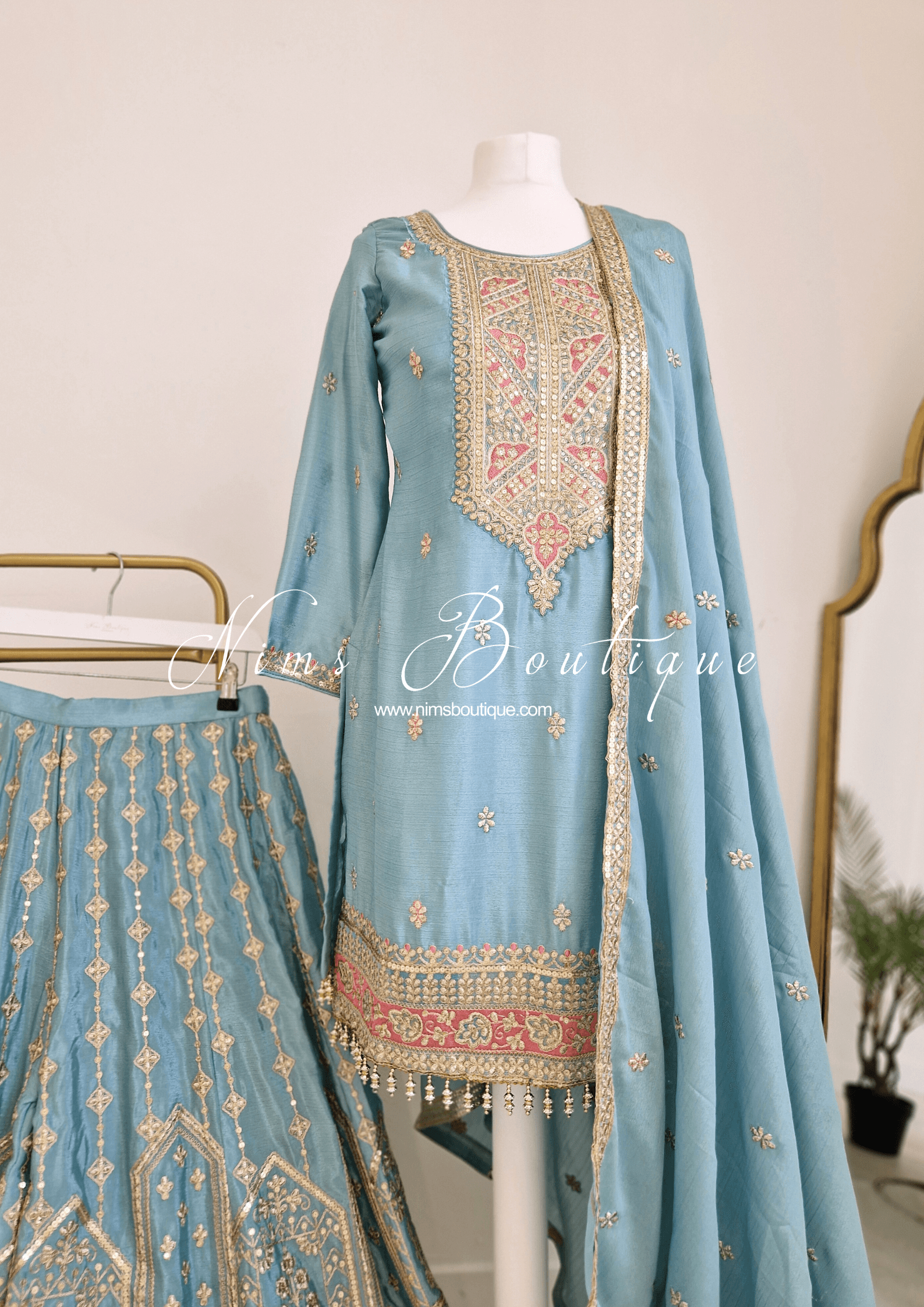 Nims Boutique Luxury Powder Blue Embroidered Sharara Suit Size 12-14